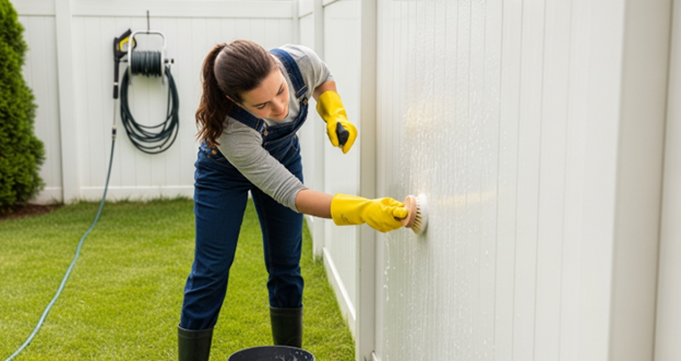 Homeowner scrubbing white vinyl fence with soft brush and soapy water