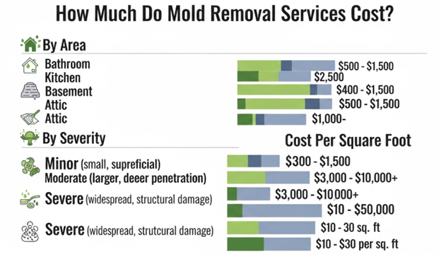 How Much Do Mold Removal Services Cost chart showing mold remediation price ranges by area, severity, and cost per square foot