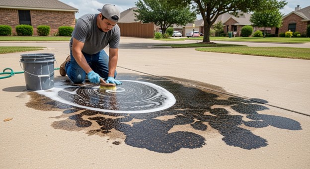 remove oil stains concrete driveway Arlington TX
