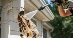 how to clean gutter downspouts pressure washing clogged gutter pipe cleaning process