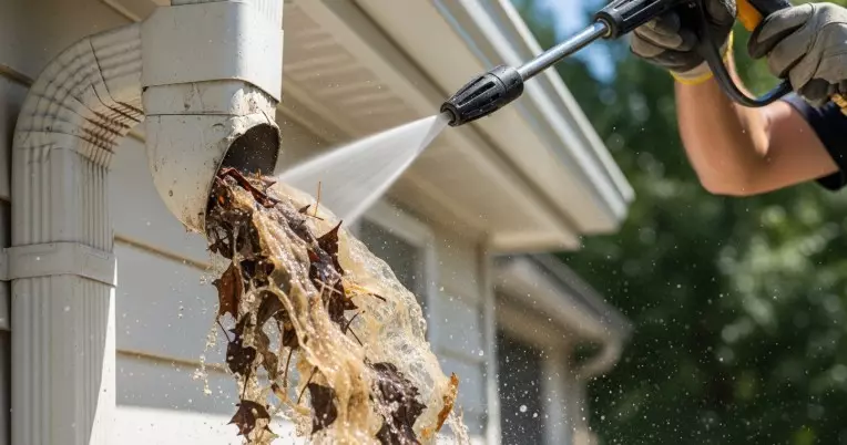 how to clean gutter downspouts pressure washing clogged gutter pipe cleaning process