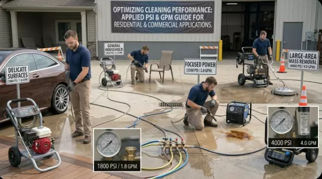 PSI vs GPM pressure washer comparison showing cleaning power and water flow differences for residential and commercial use