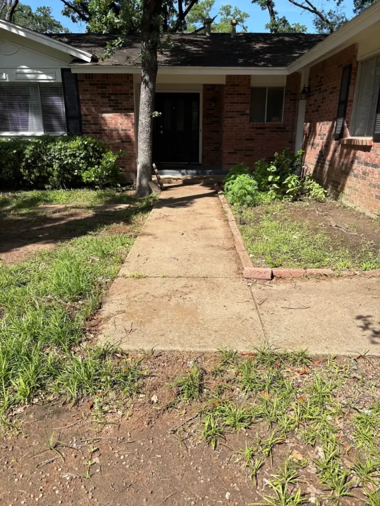 Brick edged concrete walkway before pressure washing