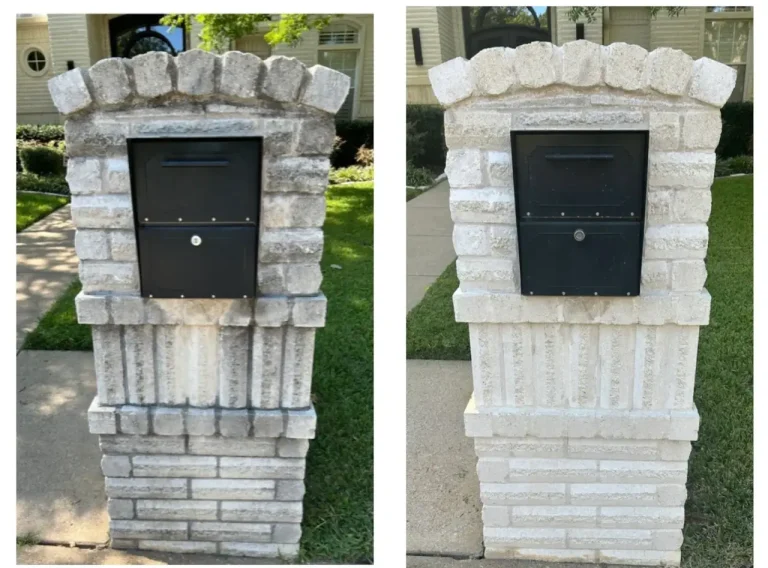 Brick and stone mailbox before and after pressure washing in Arlington, TX