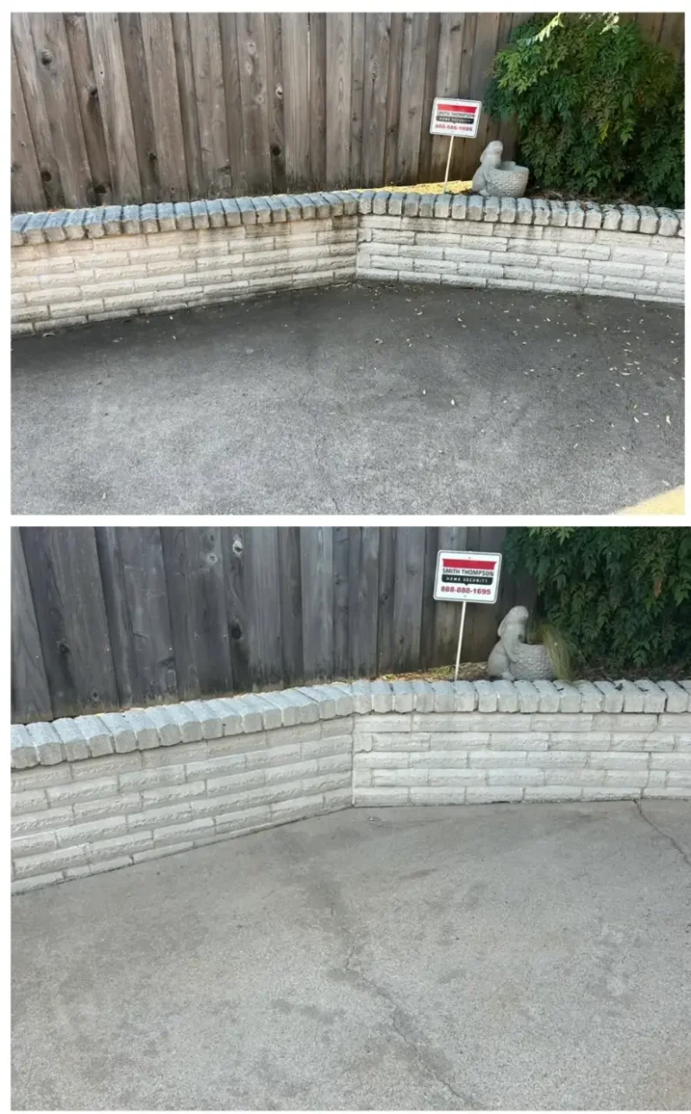 Courtyard concrete and brick planter wall before and after cleaning