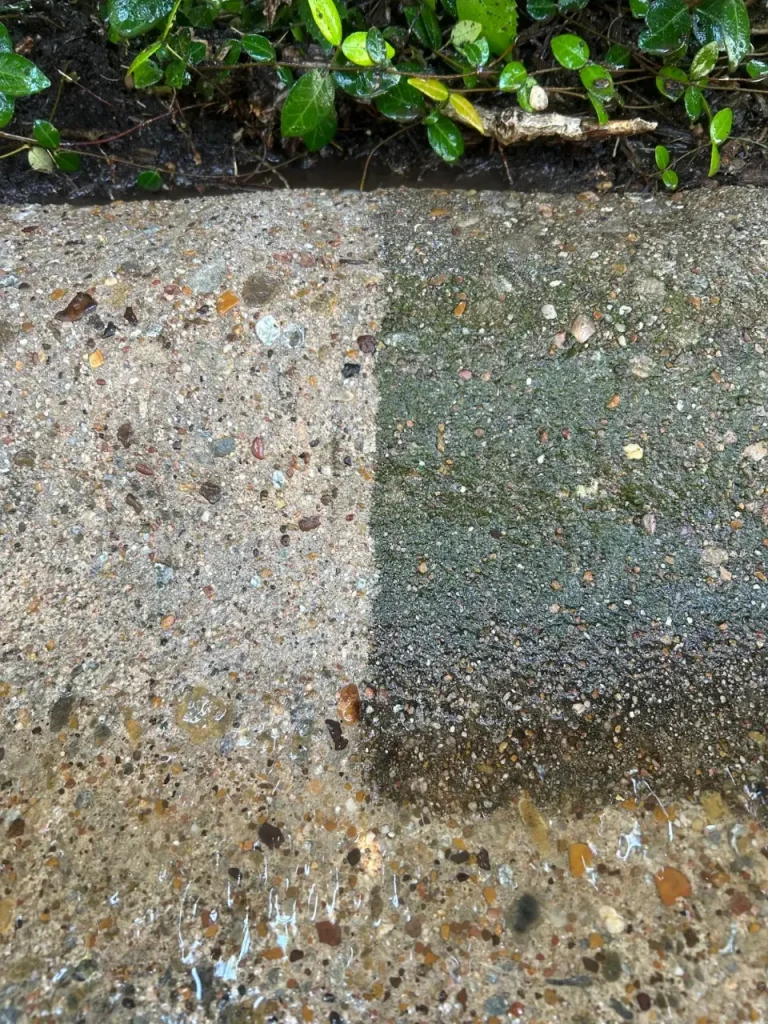 Exposed aggregate concrete with clean and dirty sections side by side