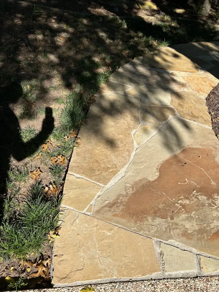 Flagstone walkway half cleaned showing the difference pressure washing makes