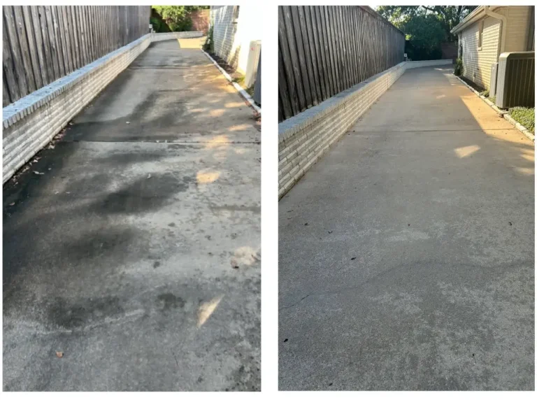 Side yard concrete walkway before and after pressure washing