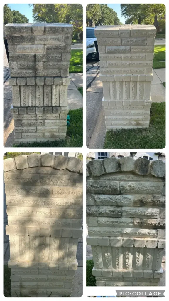 Stone columns before and after cleaning by Stegmeier Pressure Washing