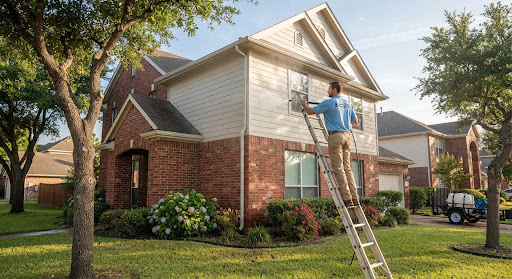 Technician cleaning the siding of a two-story home