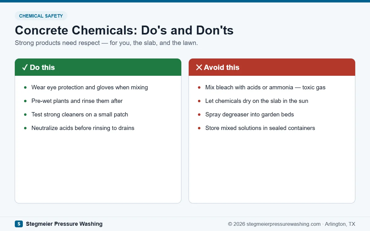 Do and don't safety guide for concrete cleaning chemicals: protection and testing versus dangerous mixing