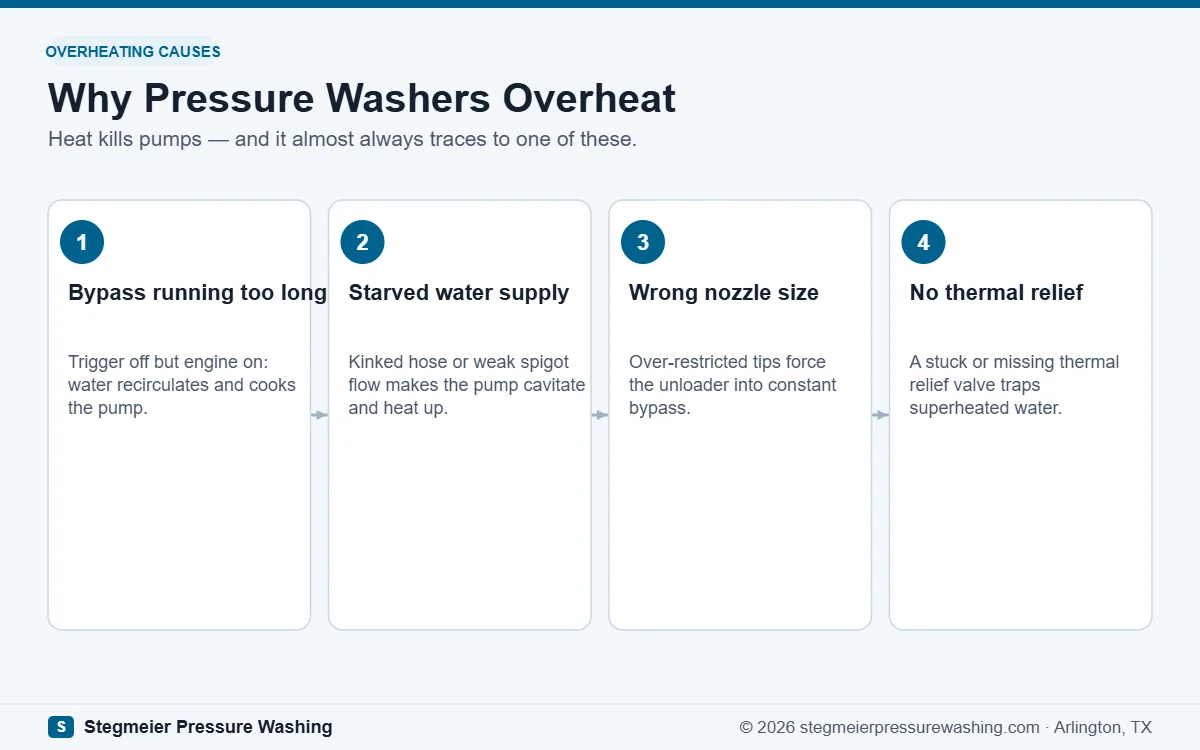 Diagram of why a pressure washer overheats: bypass mode, starved water supply, wrong nozzle, and thermal relief valve failure