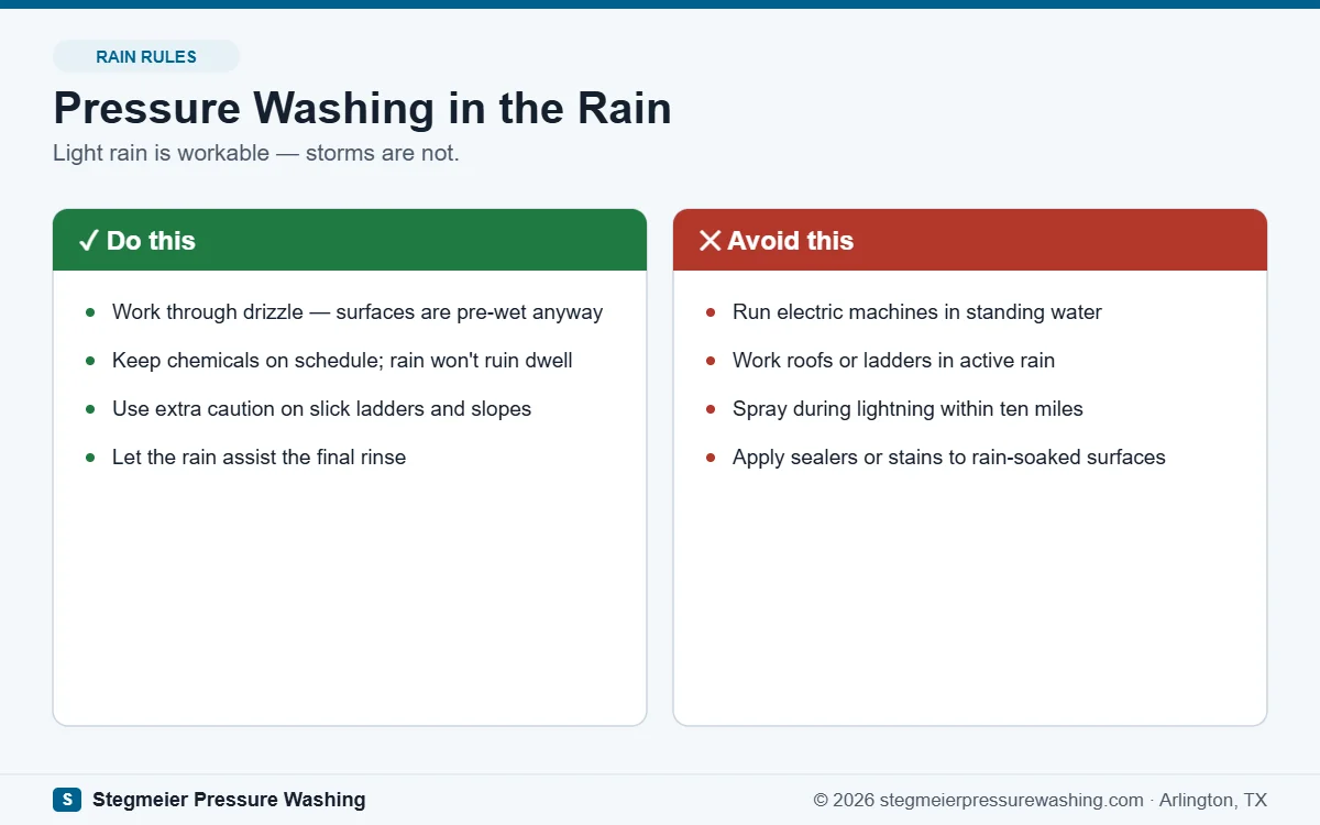 Do and don't guide for pressure washing in the rain: safe drizzle work versus electric, ladder, and lightning risks