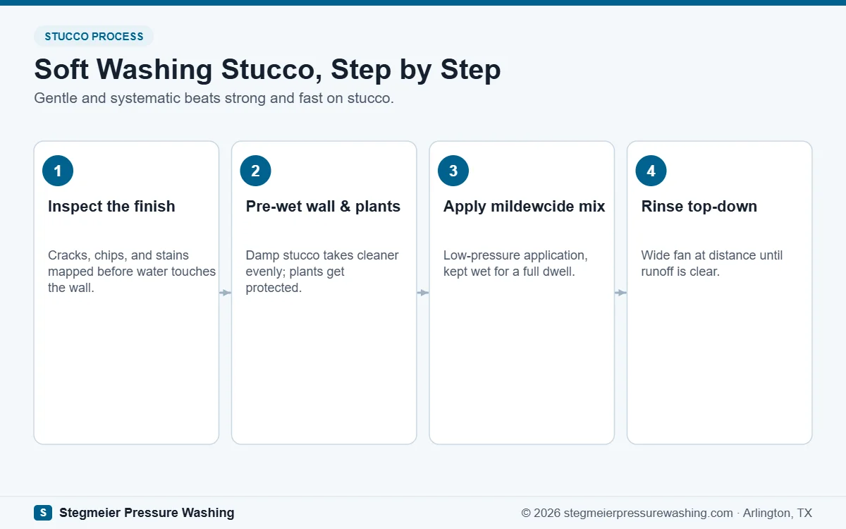 Step-by-step diagram for soft washing stucco: inspection, pre-wetting, mildewcide dwell, and top-down rinse