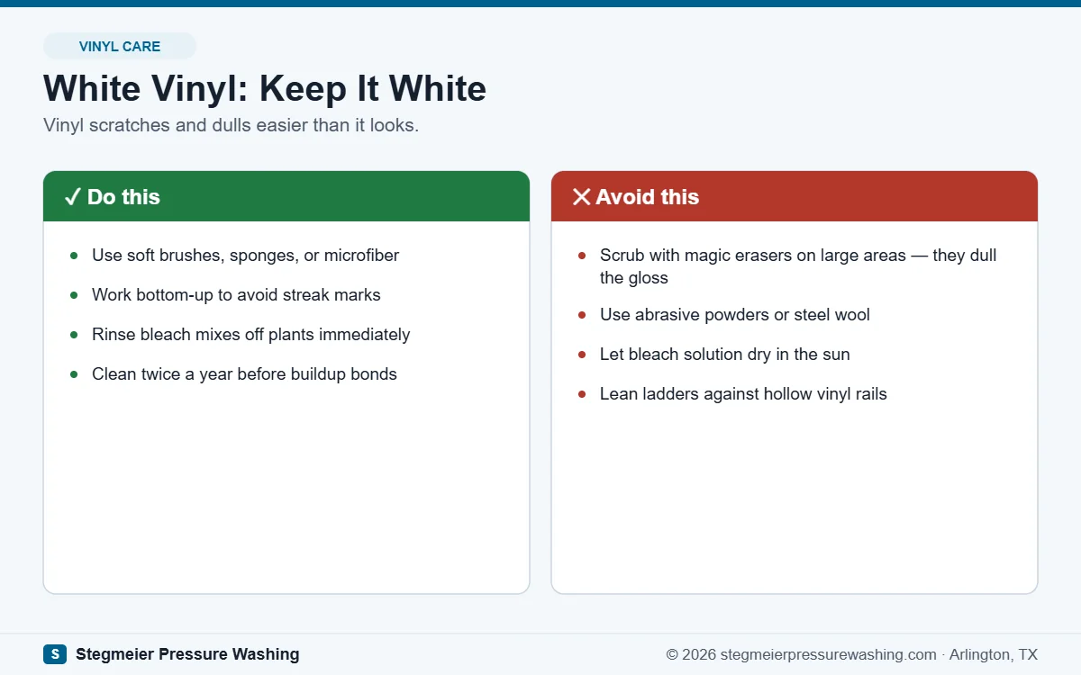 Do and don't guide for cleaning white vinyl fences: soft tools and bottom-up washing versus abrasives that dull the finish