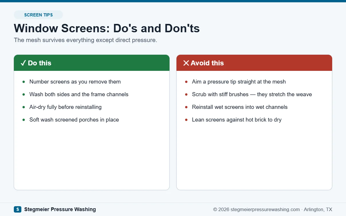 Do and don't guide for cleaning window screens: labeled removal and air drying versus direct pressure on mesh
